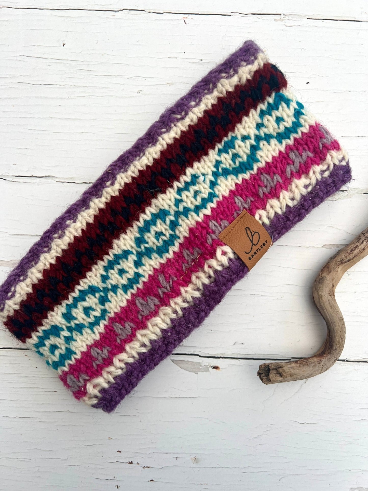 vibrant wool headband with sherpa fleece—purple, pink, and turquoise stripes for warm, handmade winter style