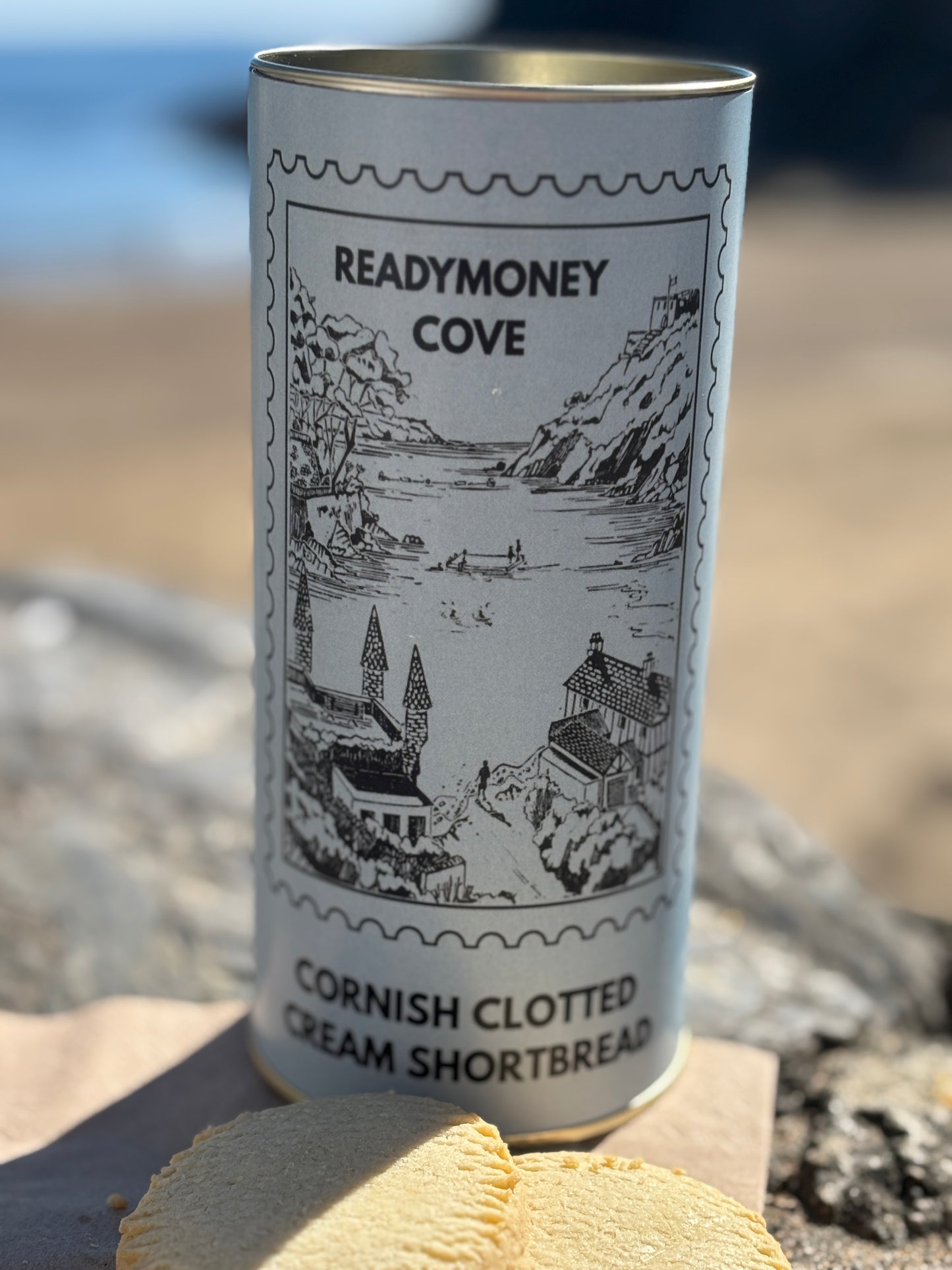 Cornish clotted cream shortbread tin with coastal sketch—luxury biscuit gift, perfect for seaside lovers and foodies