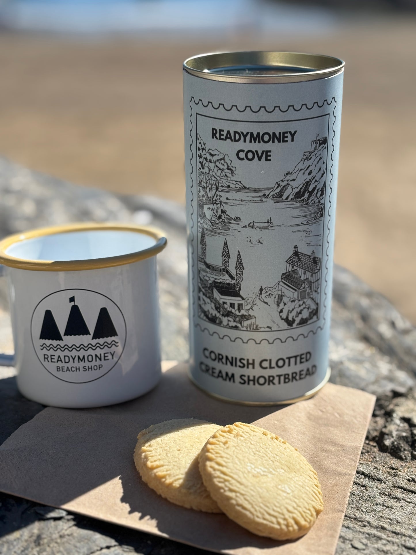 Cornish clotted cream shortbread tin with coastal artwork—artisan biscuit gift for beach lovers, made with recycled materials
