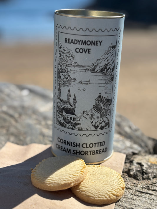 Cornish clotted cream shortbread tin with Readymoney Cove artwork—premium biscuit gift for coastal foodies and holiday hampers