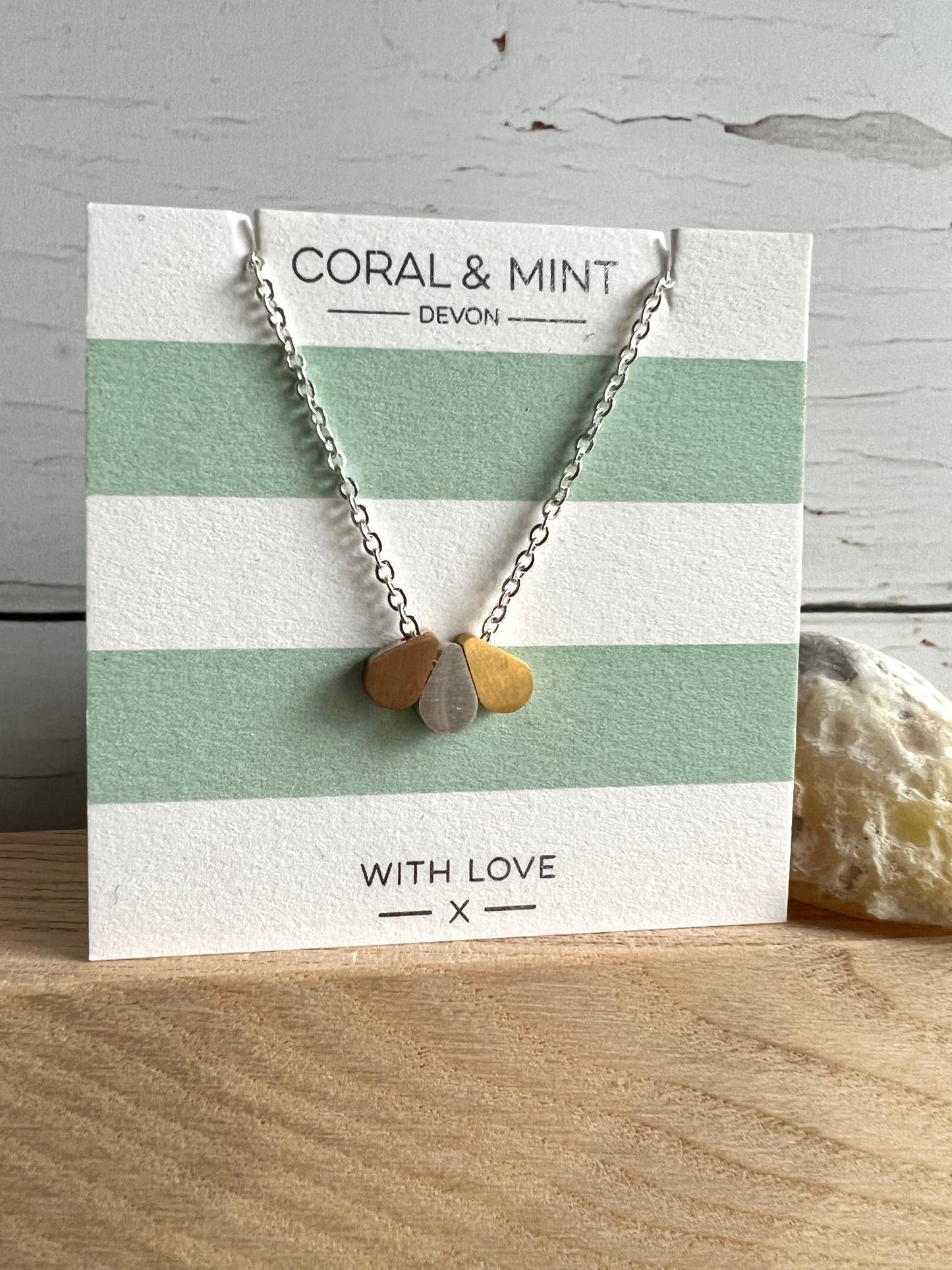 tricolour raindrop pendant necklace by Coral & Mint mixed metal dainty jewelry on striped gift card elegant gift