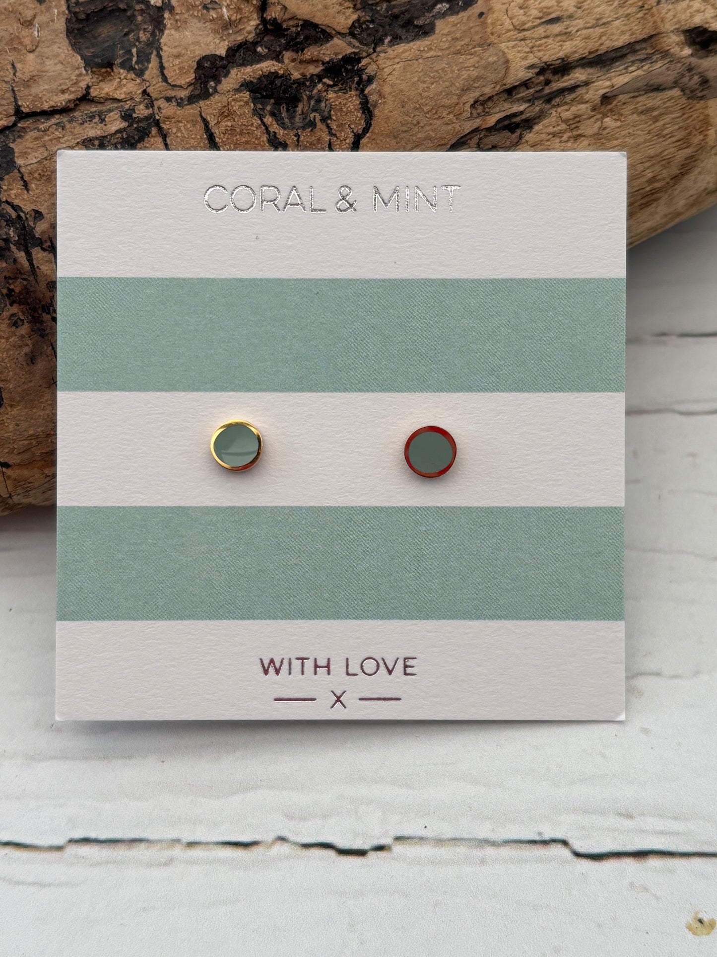 gold mint enamel dot stud earrings by Coral & Mint minimalist gold jewelry on a striped gift card dainty gift idea