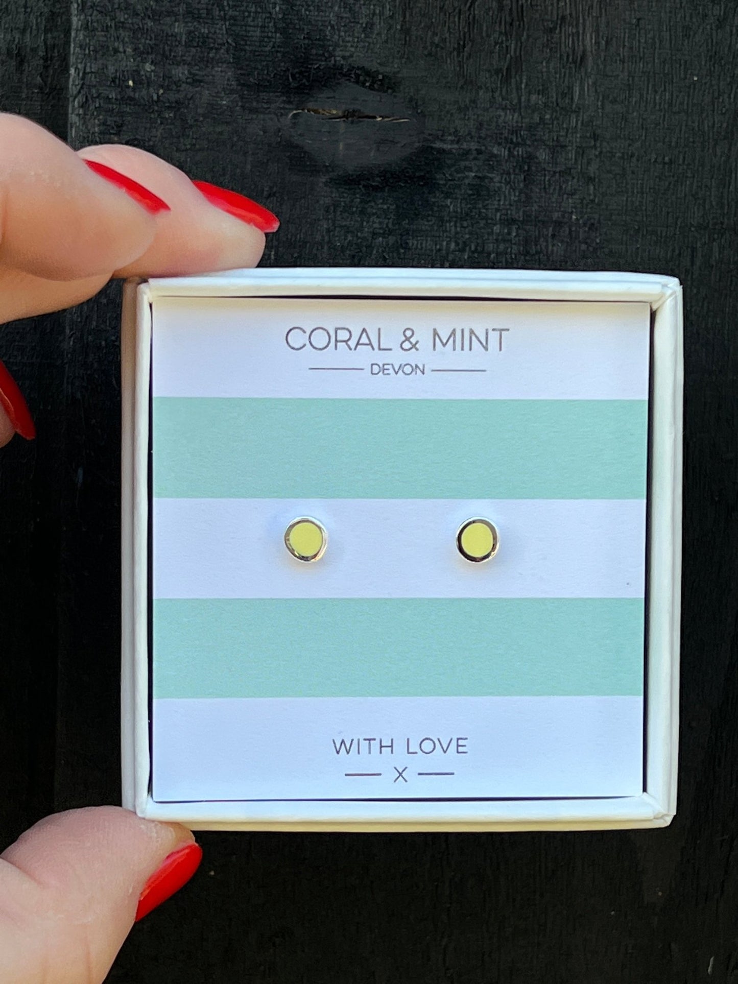 lemon yellow enamel dot stud earrings by Coral & Mint minimalist silver jewelry on a striped gift card dainty gift idea