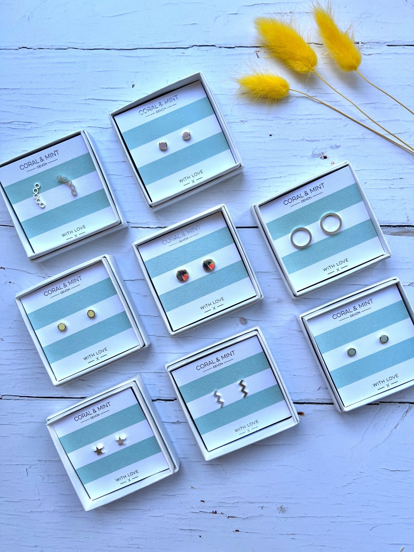 minimalist geometric stud earrings by Coral & Mint on striped gift cards elegant silver & enamel jewelry gifts