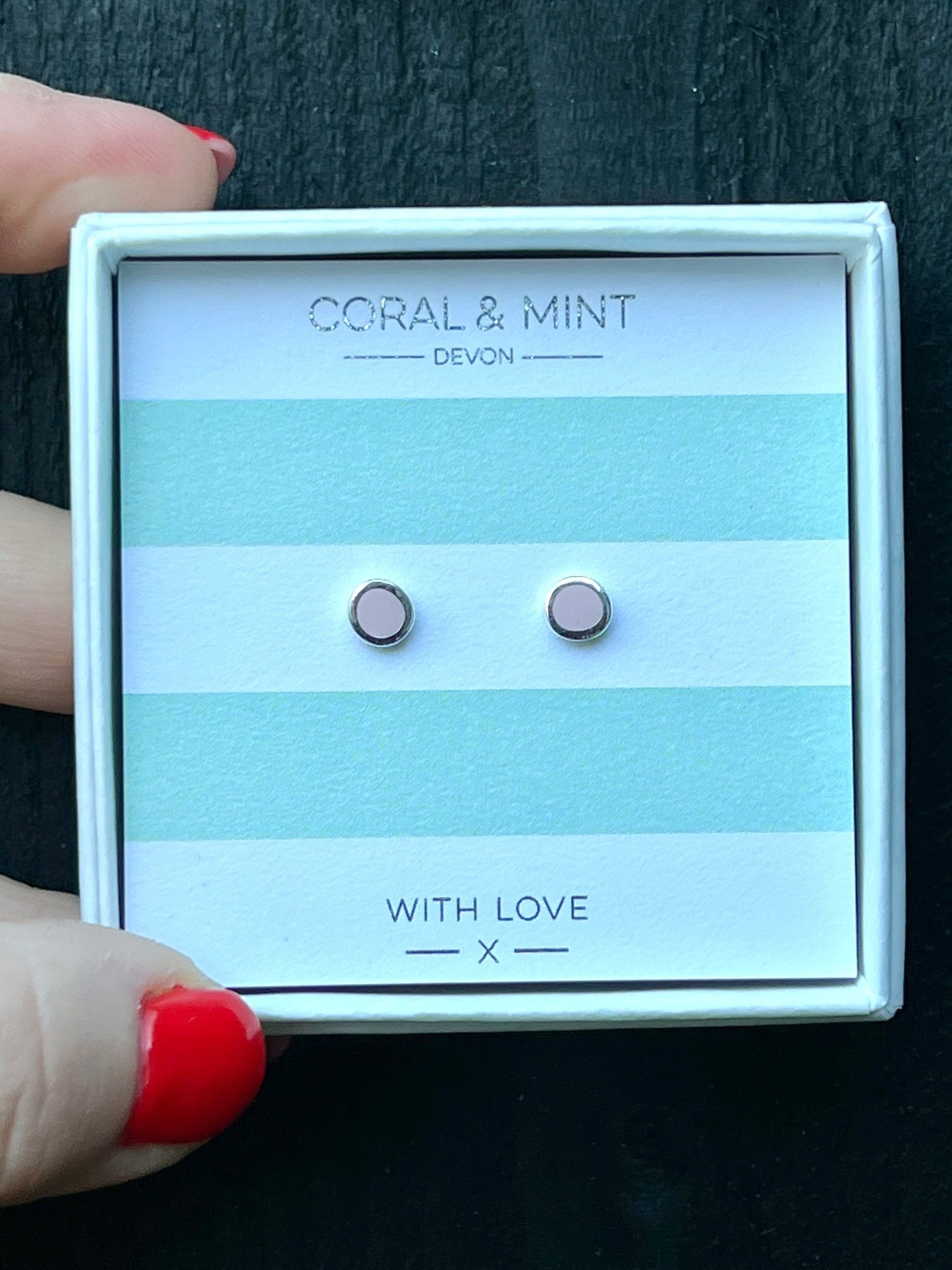 rose pink enamel dot stud earrings by Coral & Mint minimalist silver jewelry on a striped gift card dainty gift idea