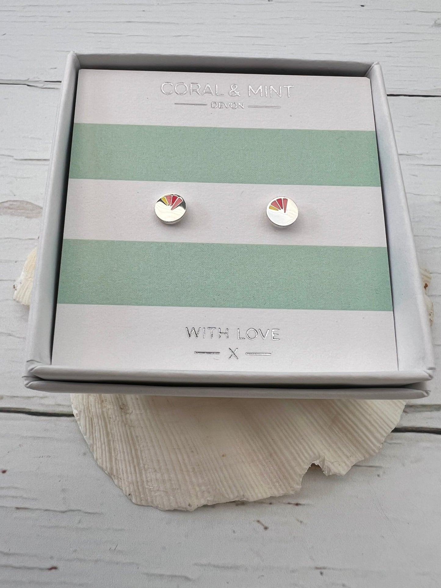 sunset enamel stud earrings by Coral & Mint dainty silver geometric jewelry on striped gift card unique gift idea