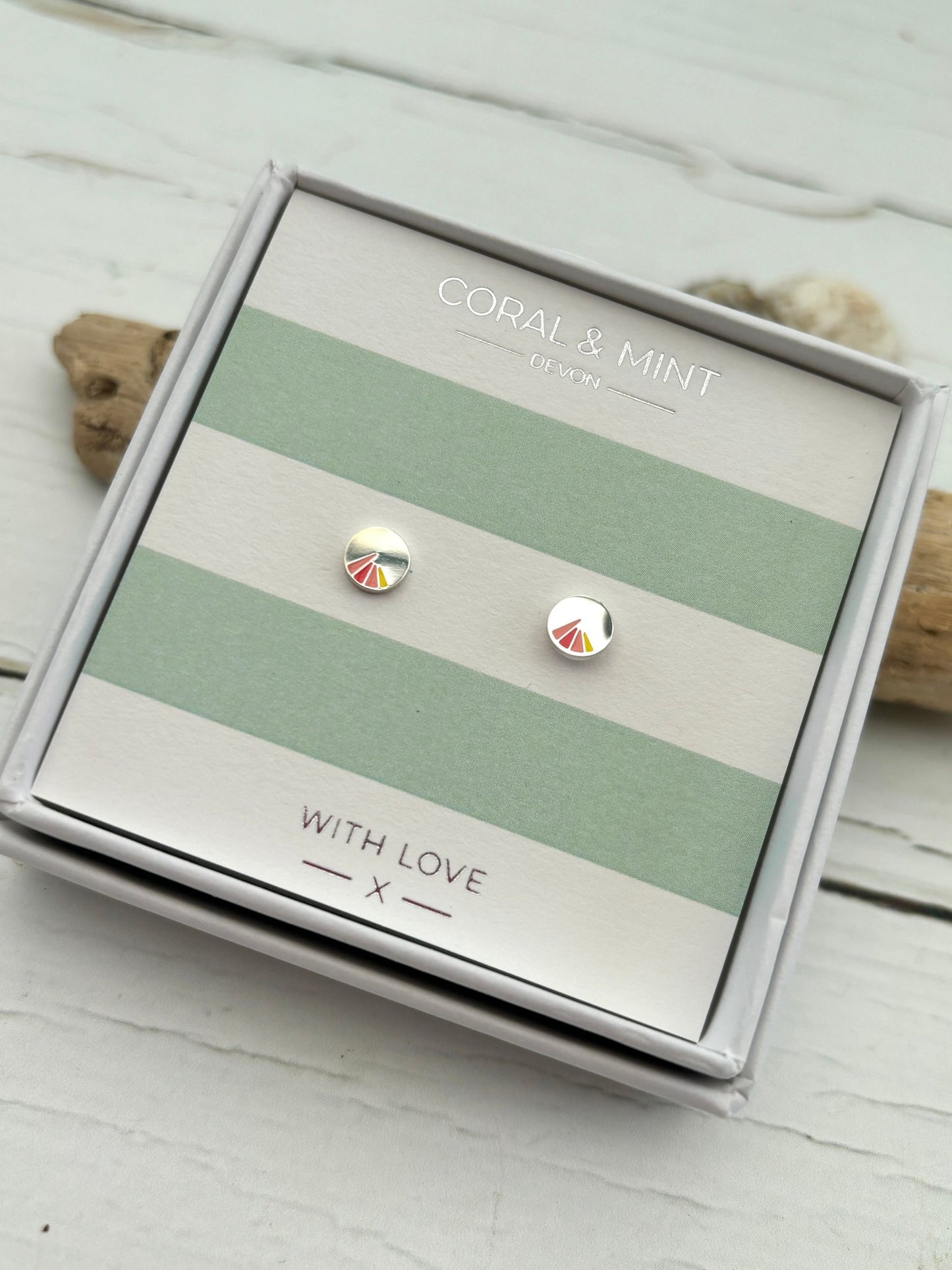 sunset enamel stud earrings by Coral & Mint dainty silver geometric jewelry on striped gift card unique gift idea