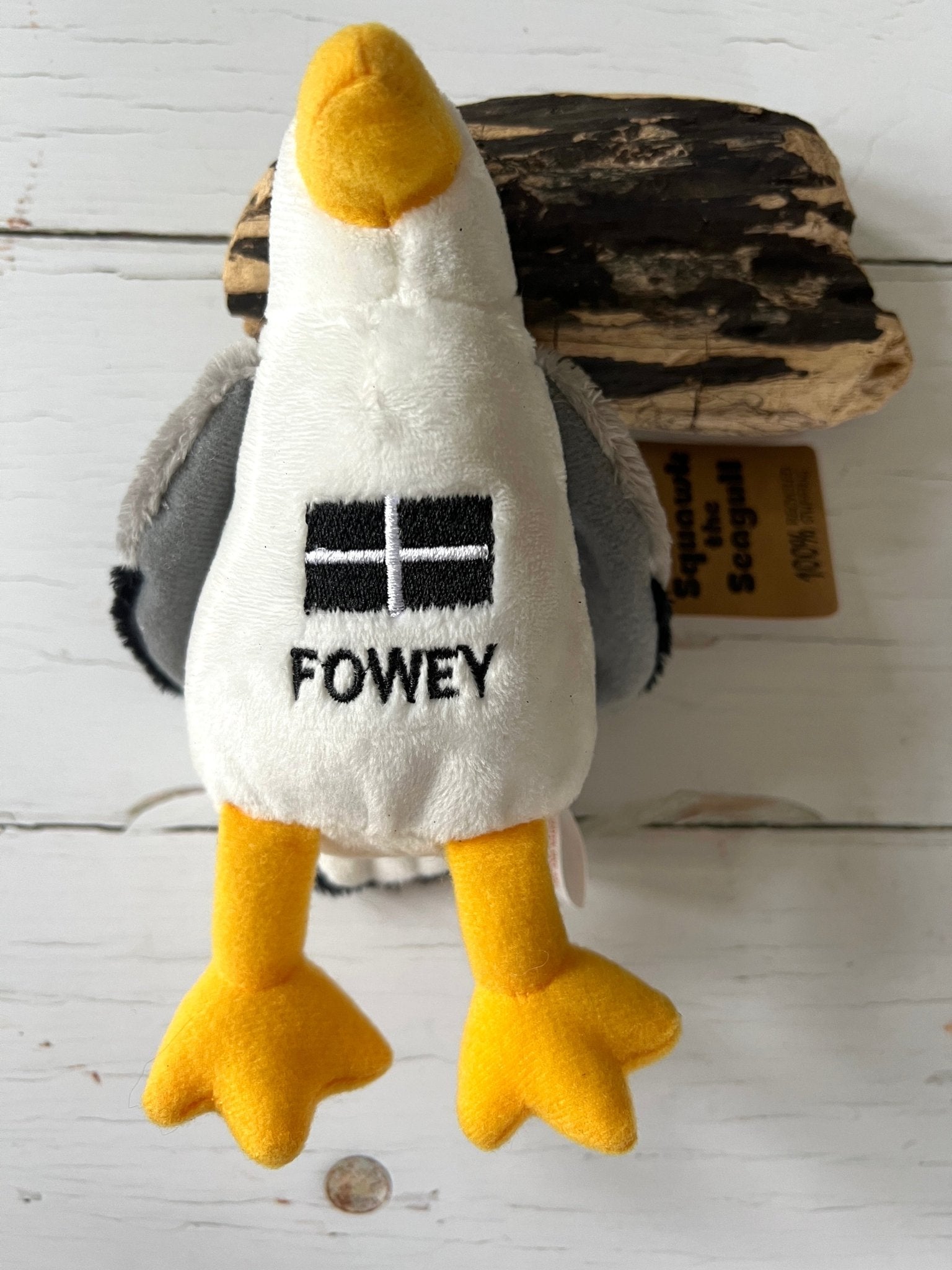 small Fowey seagull plush toy closeup soft white bird with "Fowey" embroidery cute nautical souvenir stuffed animal