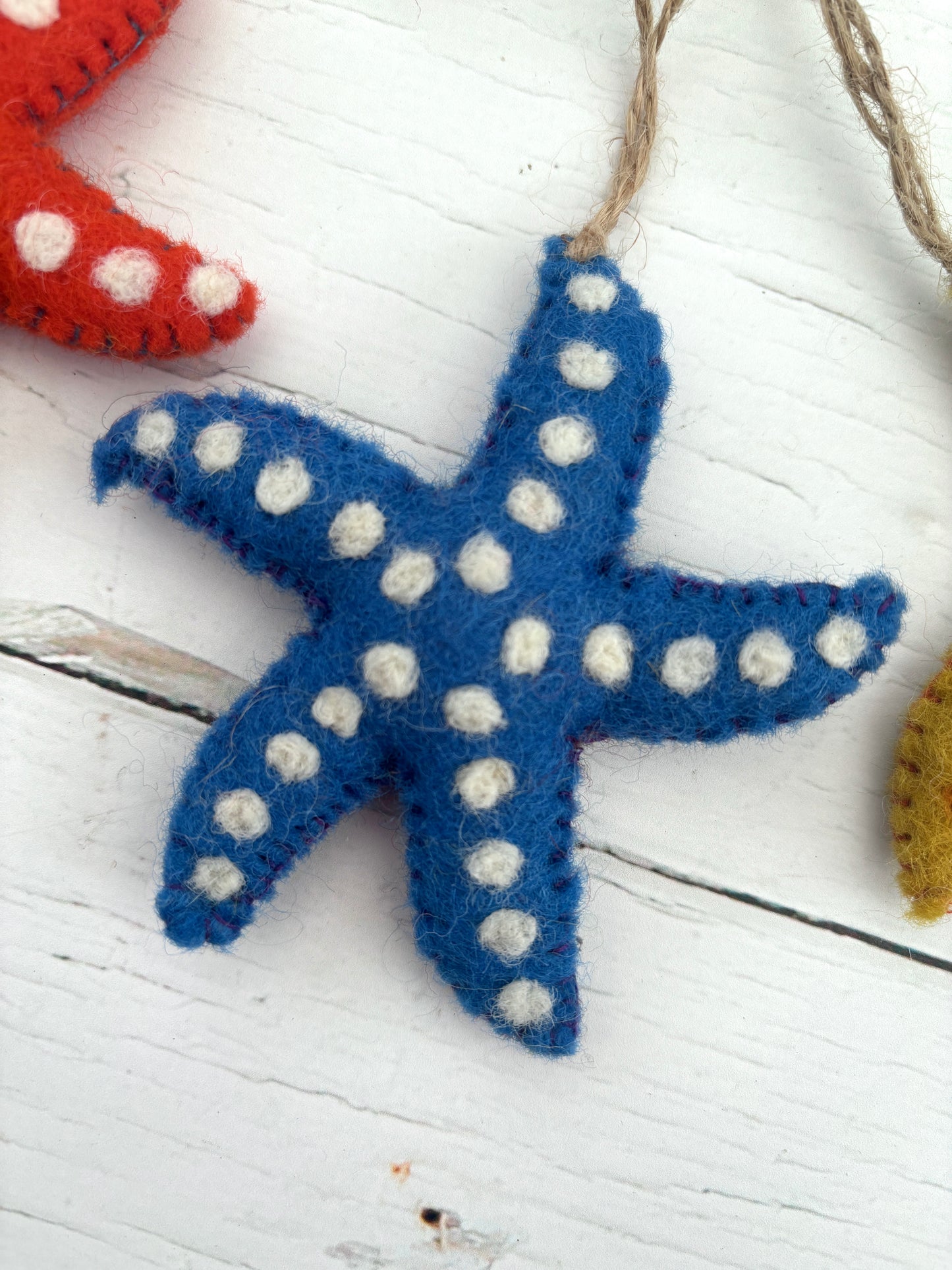 blue felt starfish decoration white polka dots handmade coastal nautical home decor beach hanging ornament seaside gift