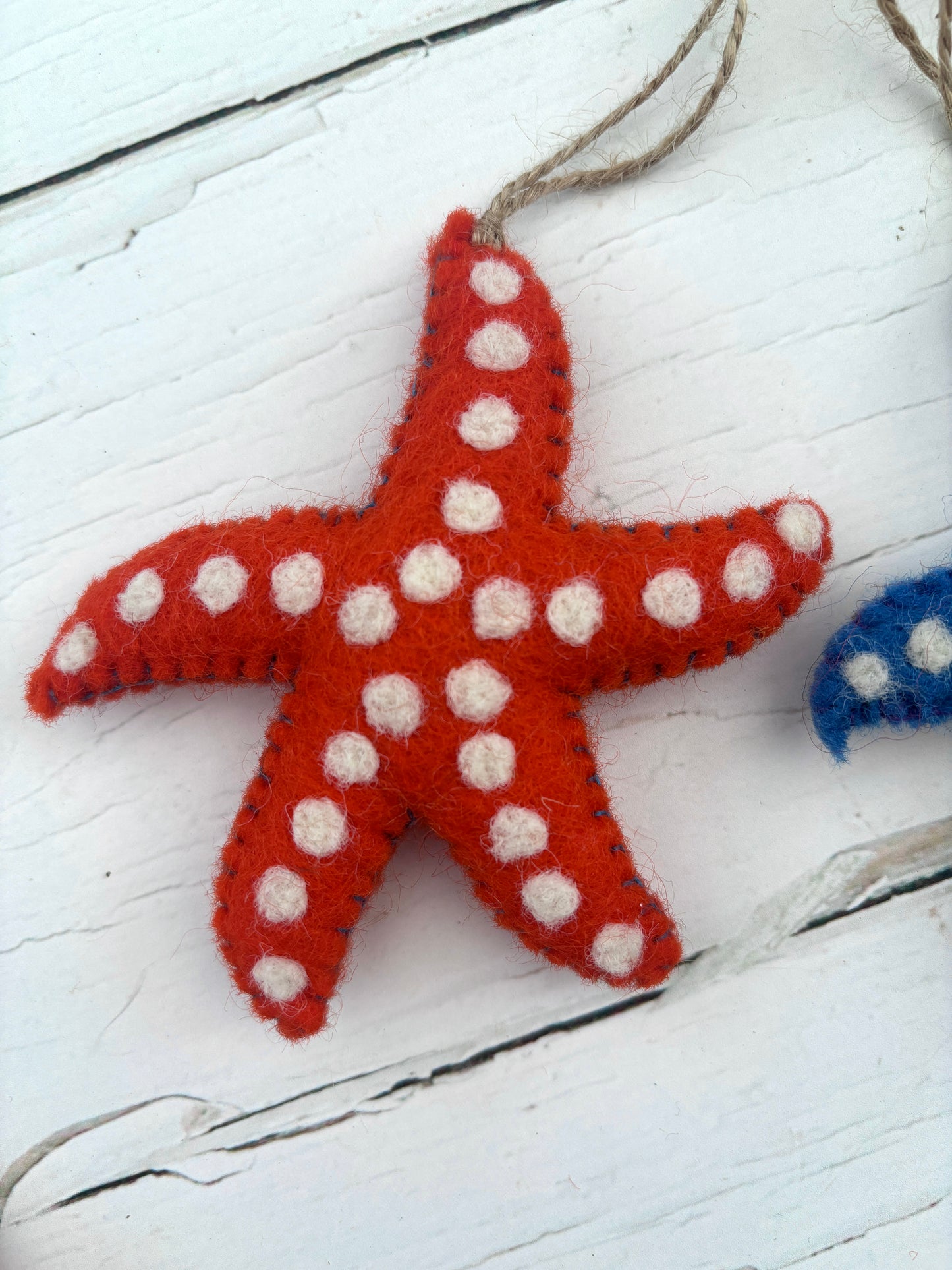 orange felt starfish decoration white polka dots handmade coastal nautical home decor beach hanging ornament rope twine