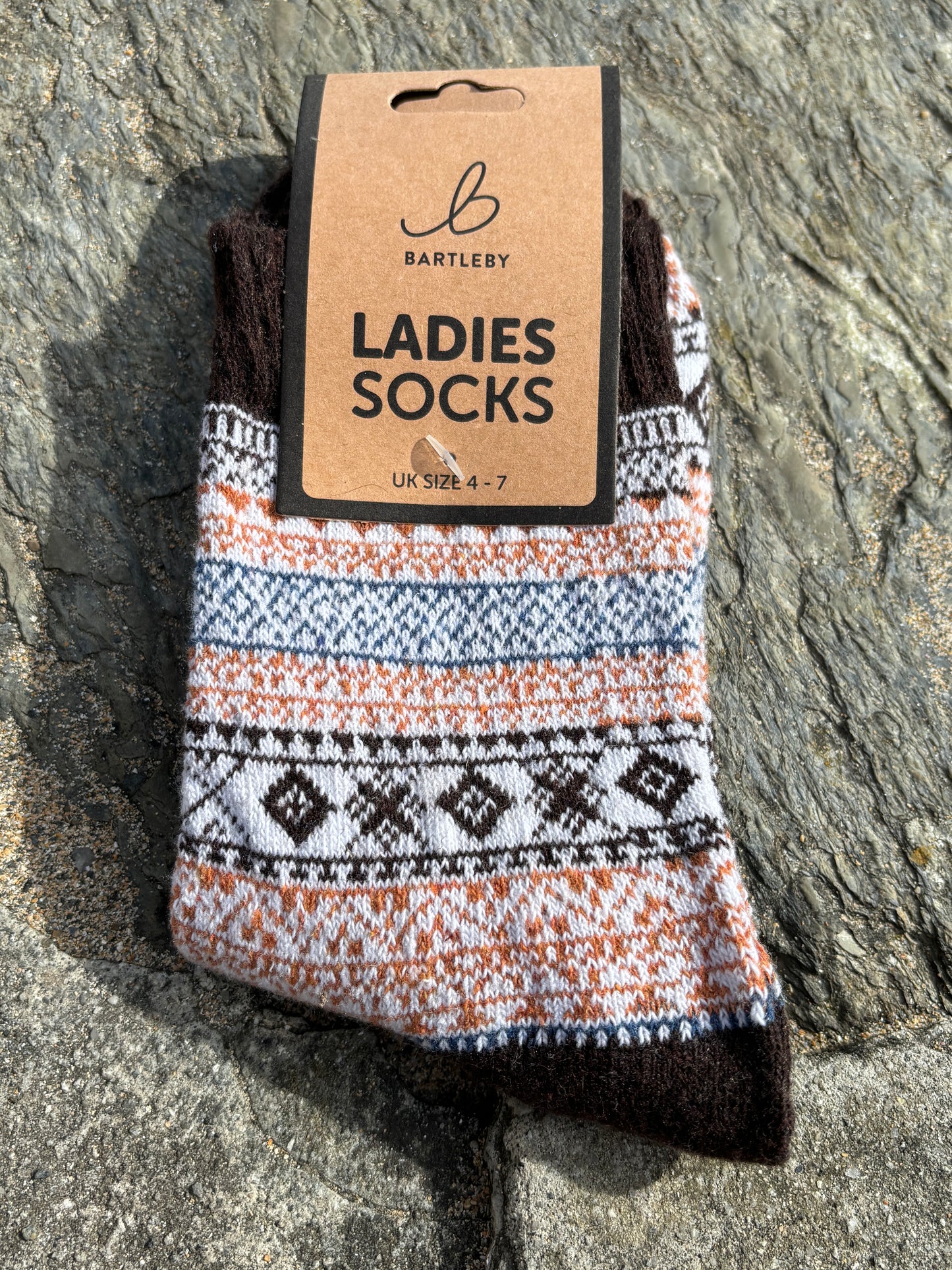 brown white orange patterned socks size 4-7 geometric knit Nordic design soft warm women's hosiery Bartleby accessories