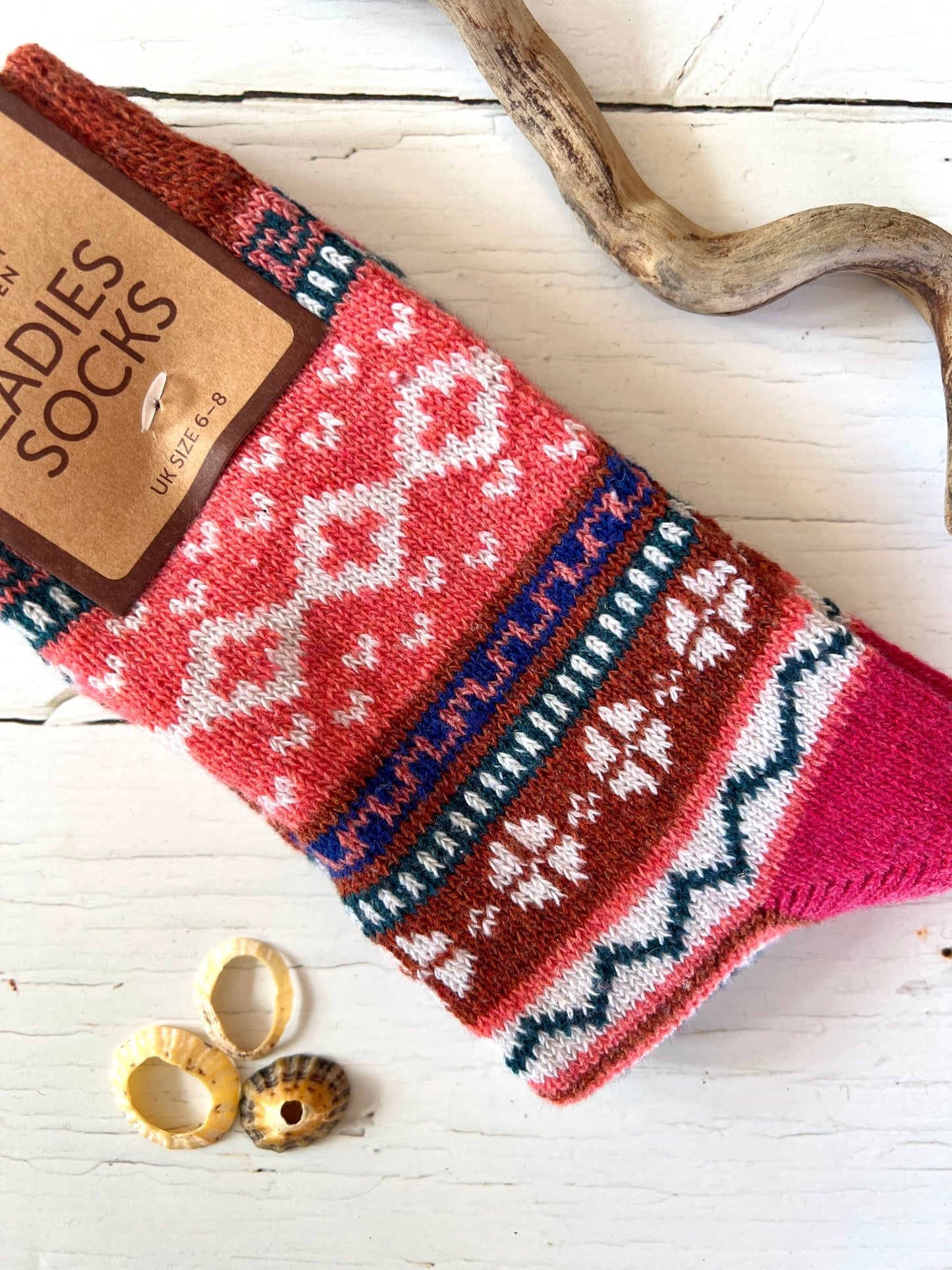 coral rust pink patterned socks size 4-7 geometric knit Nordic design soft warm women's hosiery multicolor accessories