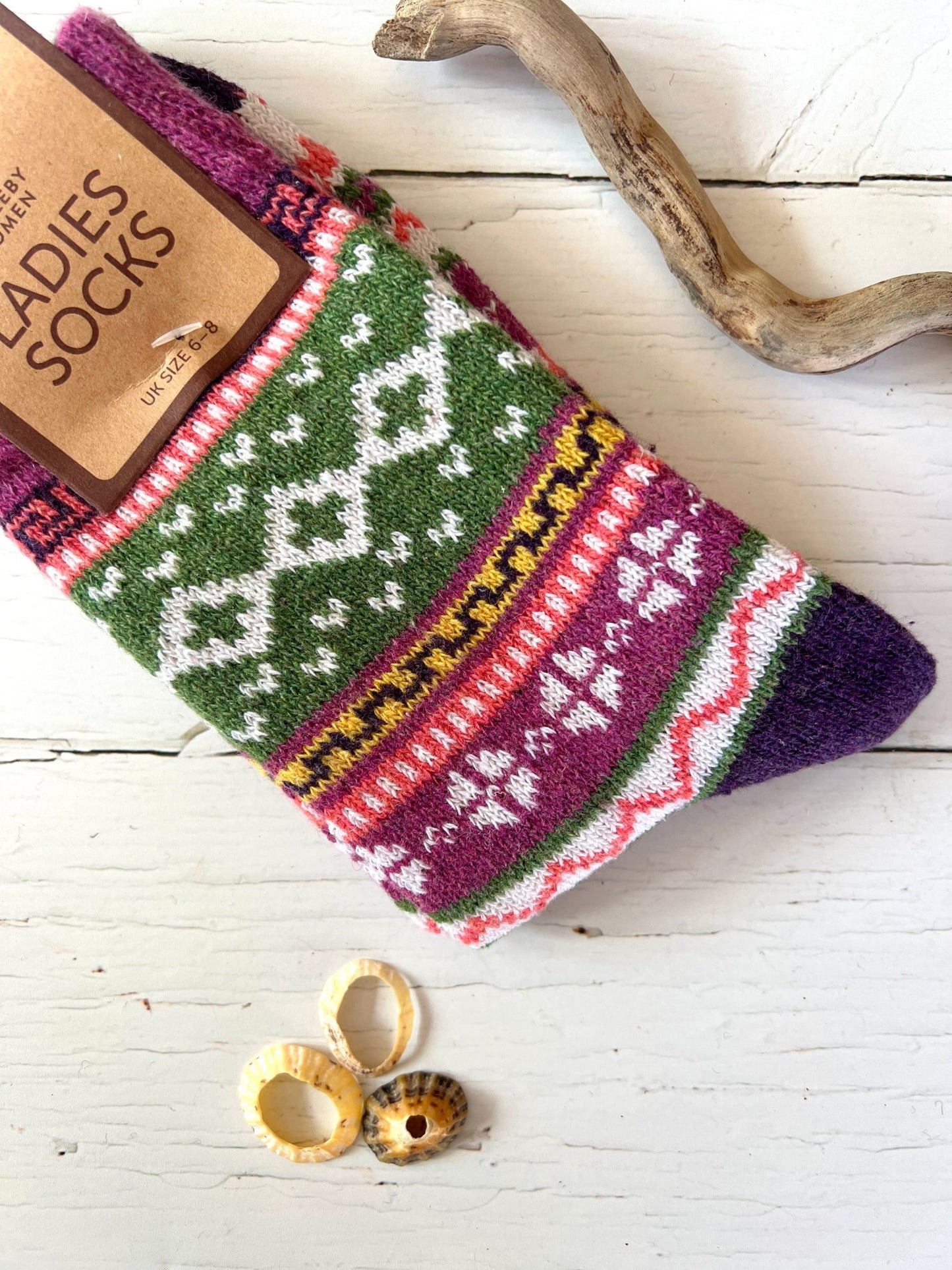 green lilac purple patterned socks size 4-7 geometric knit Nordic design soft warm women's hosiery colorful accessories