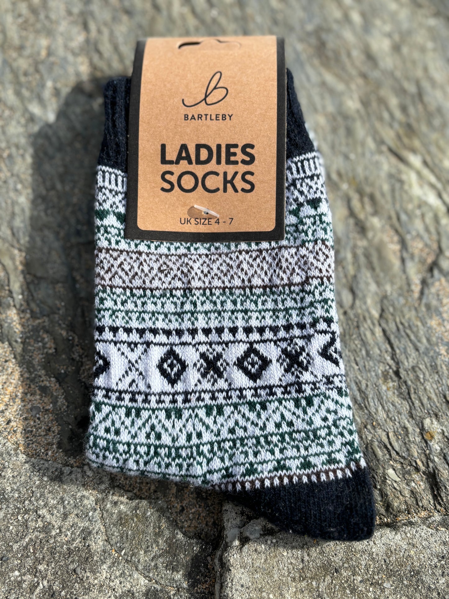 navy white green patterned socks size 4-7 geometric knit Nordic design soft warm women's hosiery Bartleby accessories