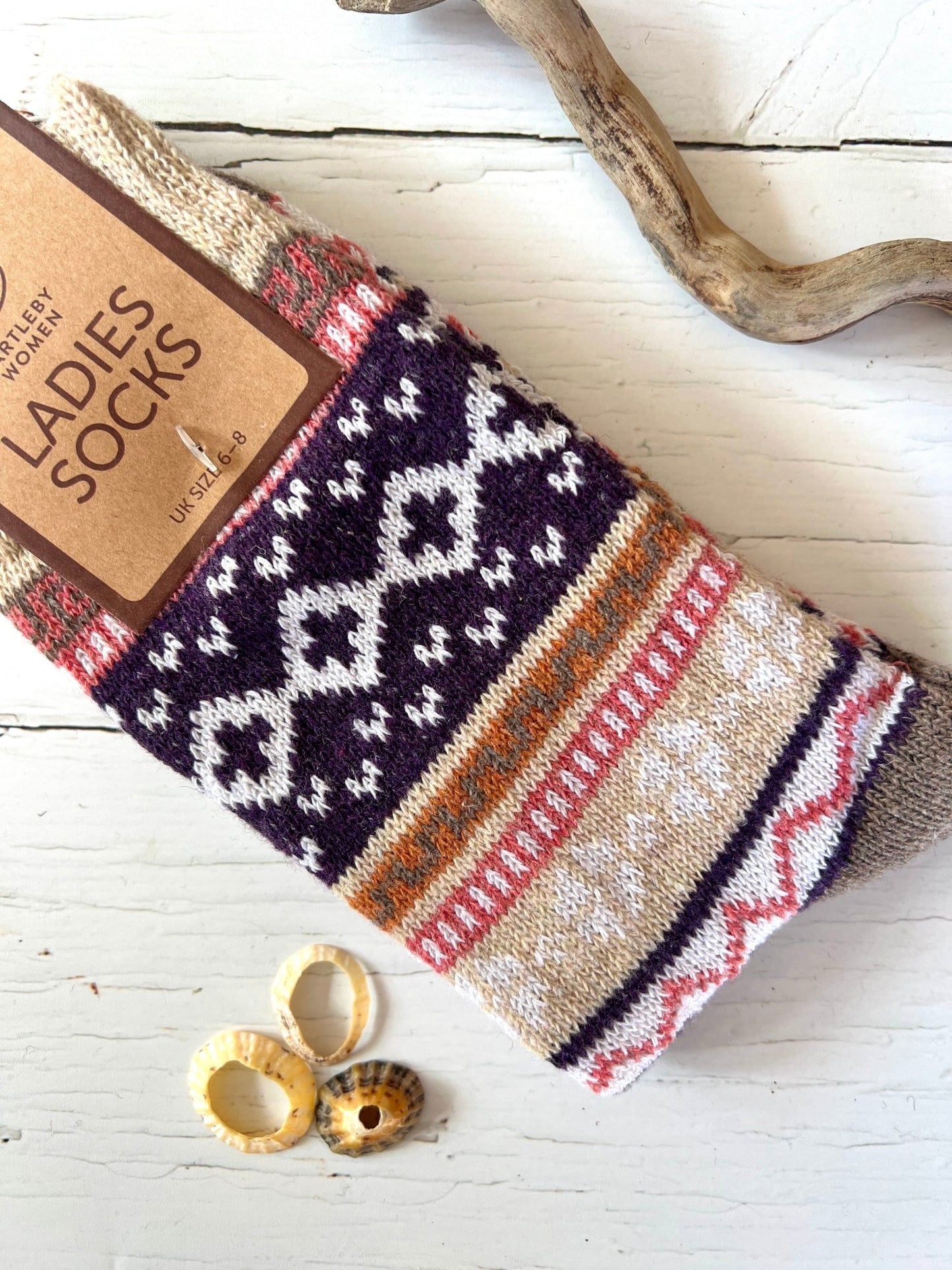 purple cream brown patterned socks size 4-7 geometric knit Nordic design soft warm women's hosiery colorful accessories
