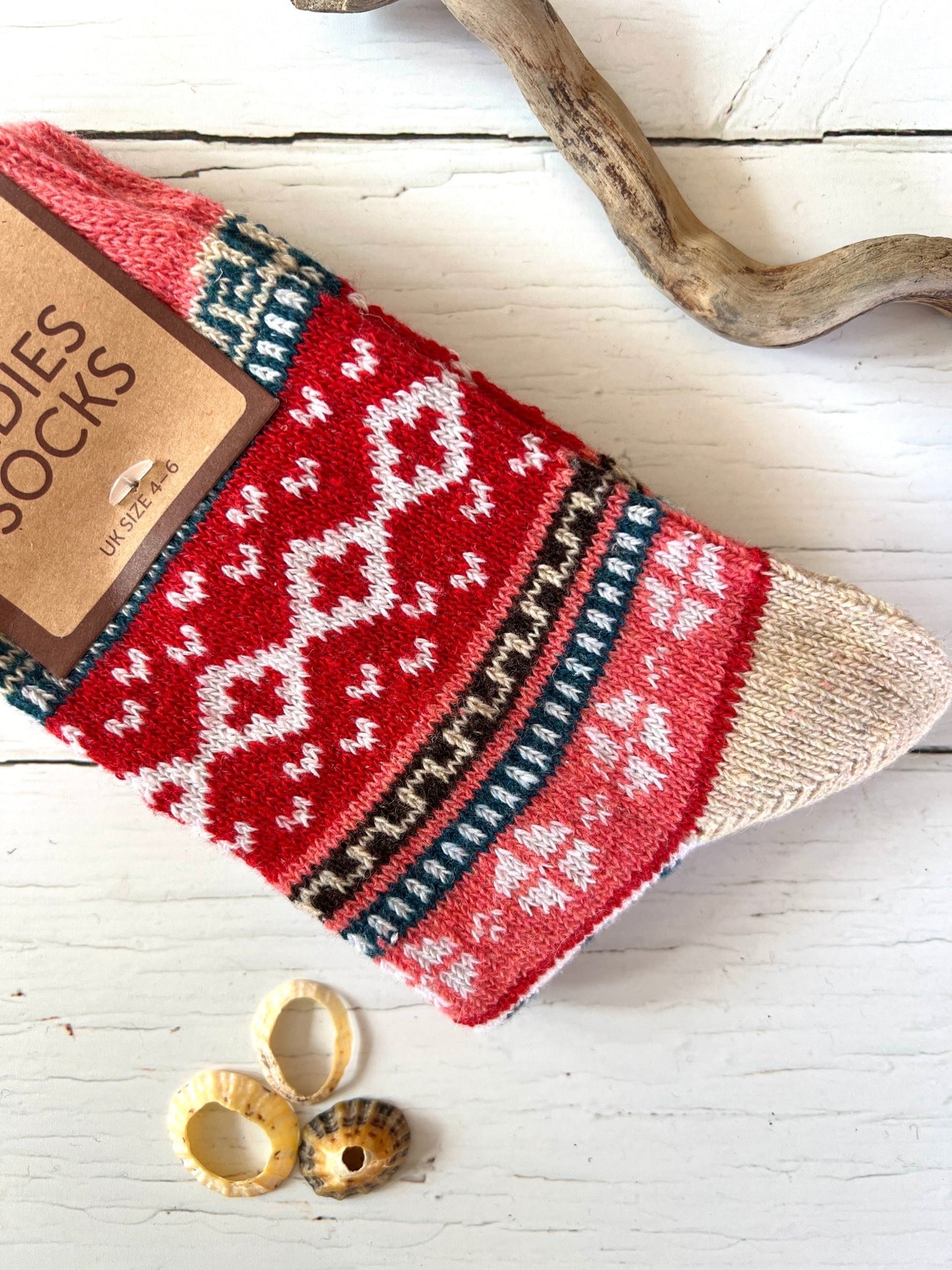 red coral cream patterned socks size 4-7 geometric knit Nordic design soft warm women's hosiery colorful accessories