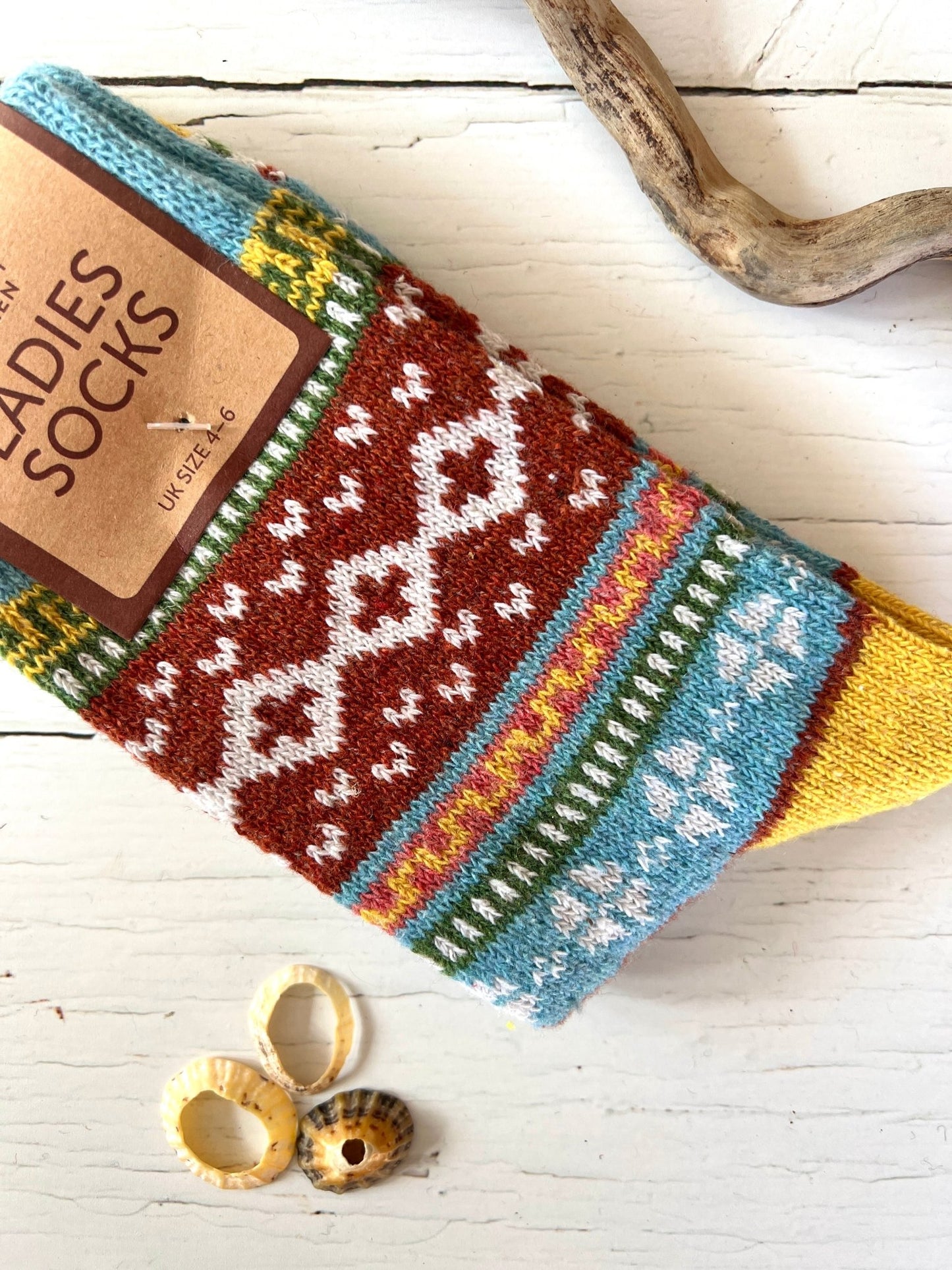 rust blue yellow patterned socks size 4-7 colorful geometric knit Nordic design soft cozy women's hosiery accessories