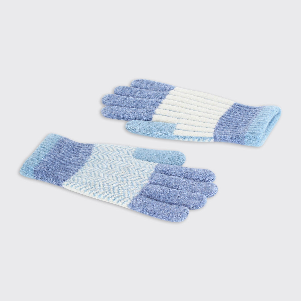 soft blue and white striped knit gloves for women cozy winter hand warmers with a stylish chevron pattern perfect gift idea