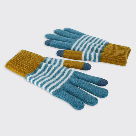 men's soft-striped knit gloves in teal and mustard cozy winter hand warmers with touchscreen tips warm seasonal gift