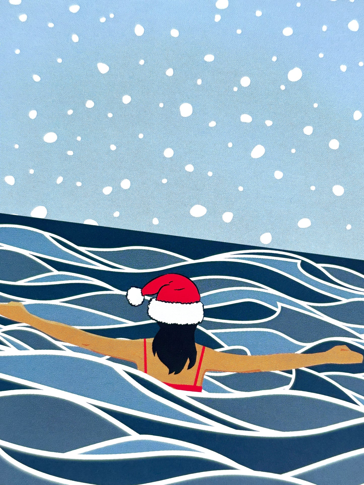 Christmas wild swimmer in Santa hat, snowy winter seascape, festive outdoor swimming illustration holiday card