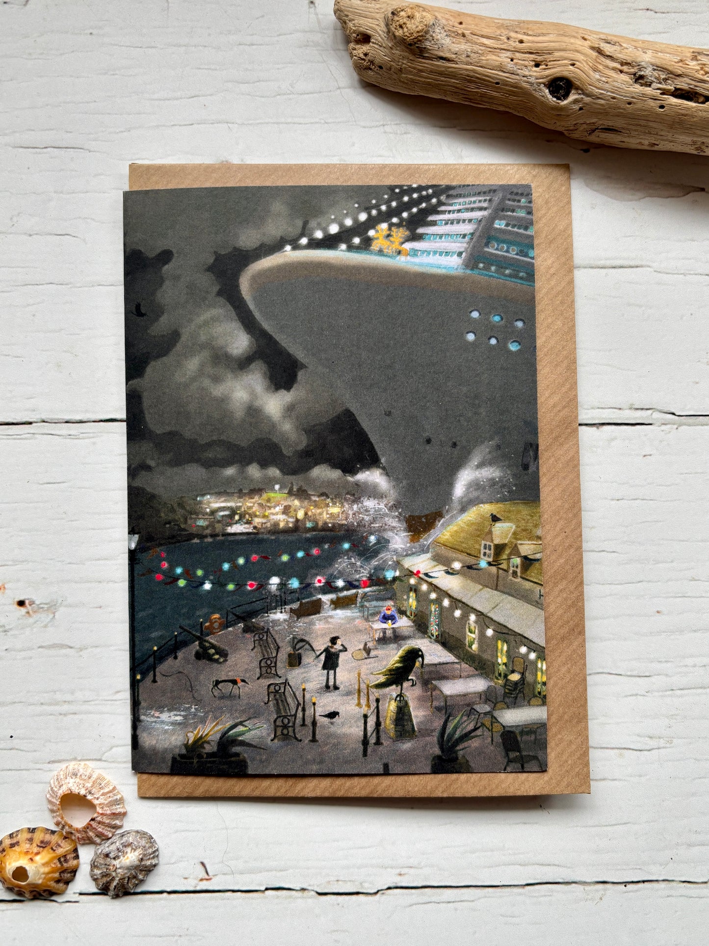 greeting card with cruise ship—night dock scene, string lights, coastal town charm for ocean lovers and travel fans