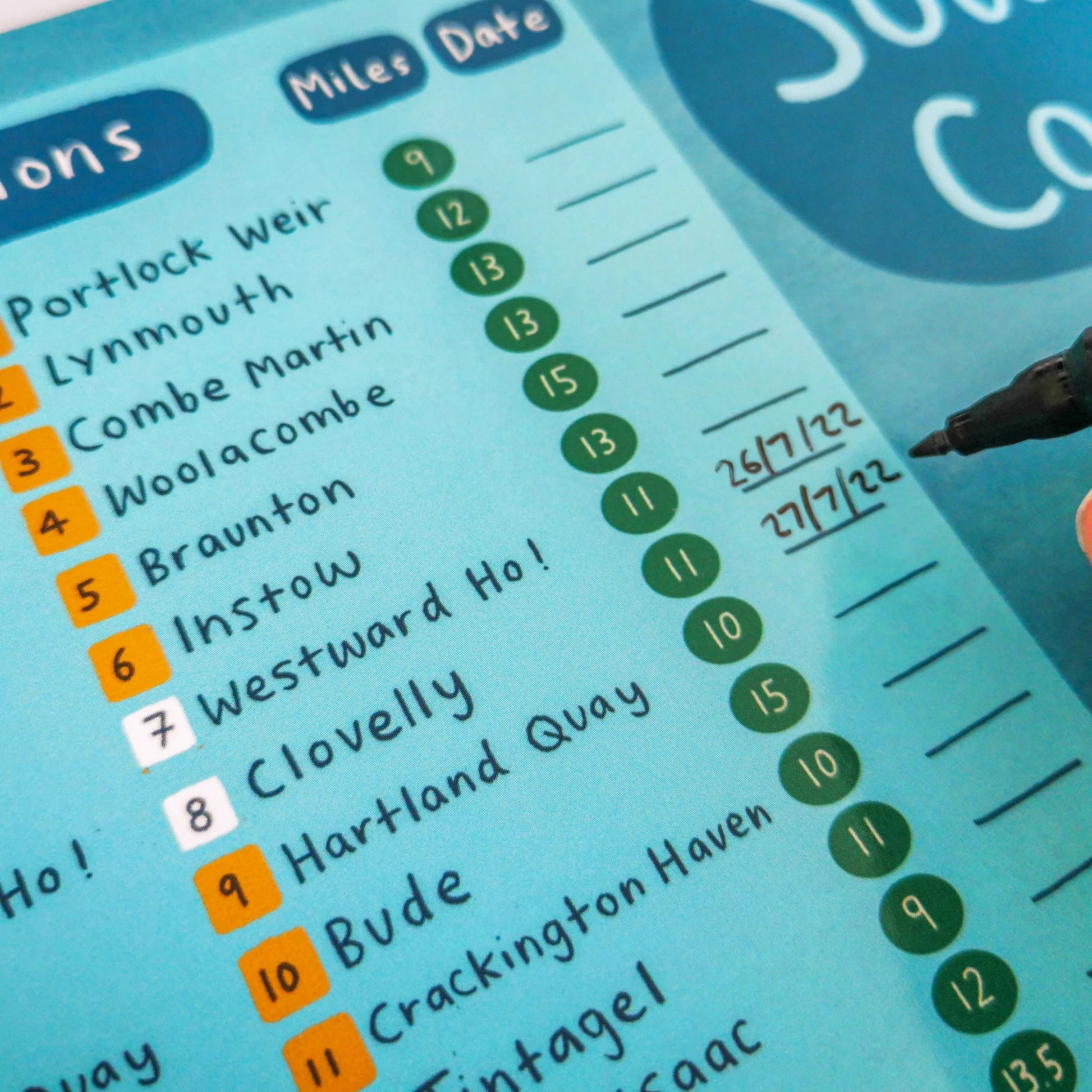 South West Coast Path scratch map close-up with mileage, date tracker & coastal hike checklist for UK walkers