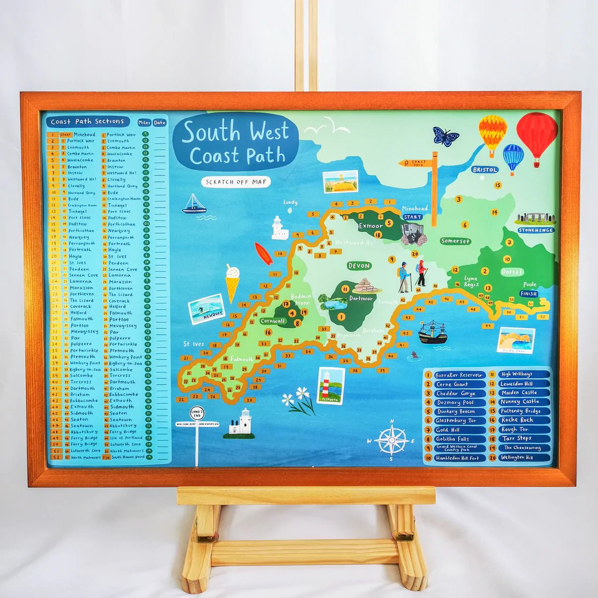 scratch-off map of UK’s South West Coast Path with 52 trail stops & playful illustrated landmarks
