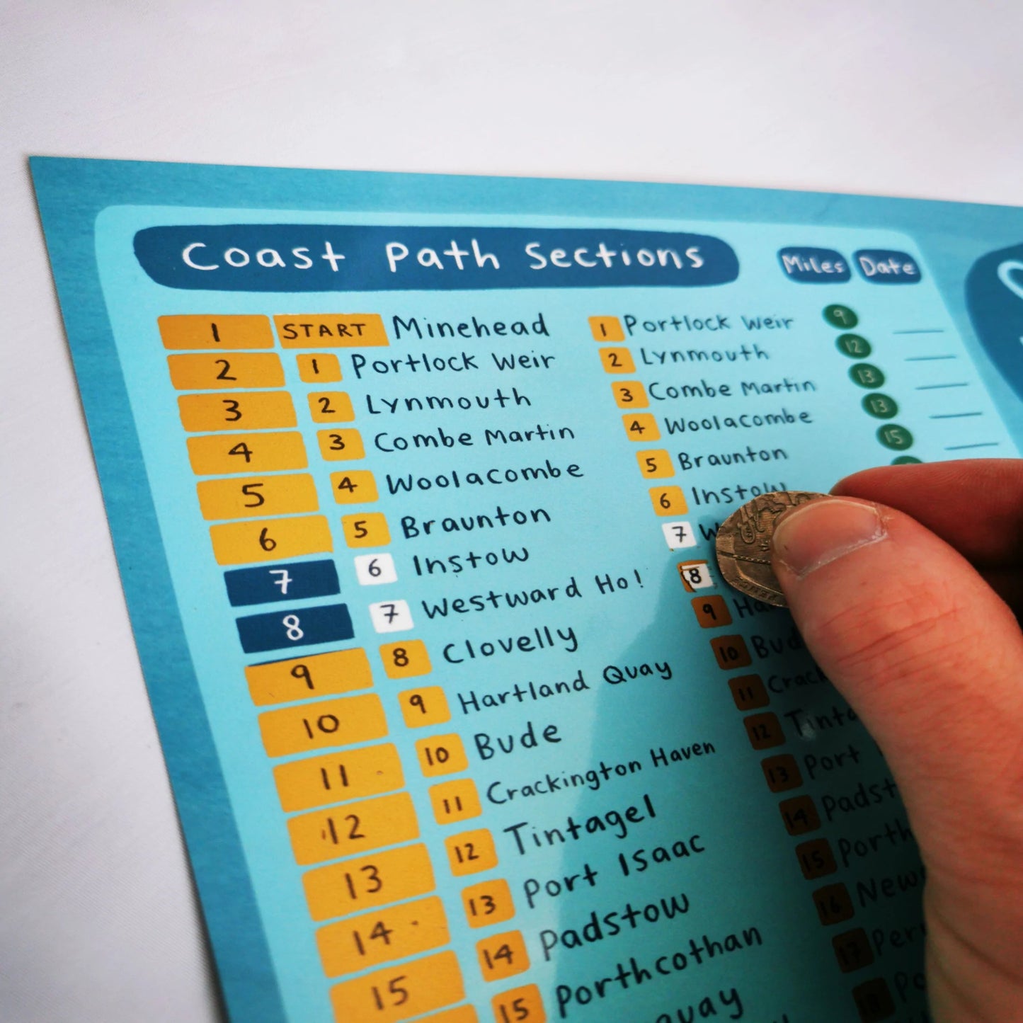 interactive South West Coast Path tracker with scratch-off sections, mileage, and date columns for UK hikers