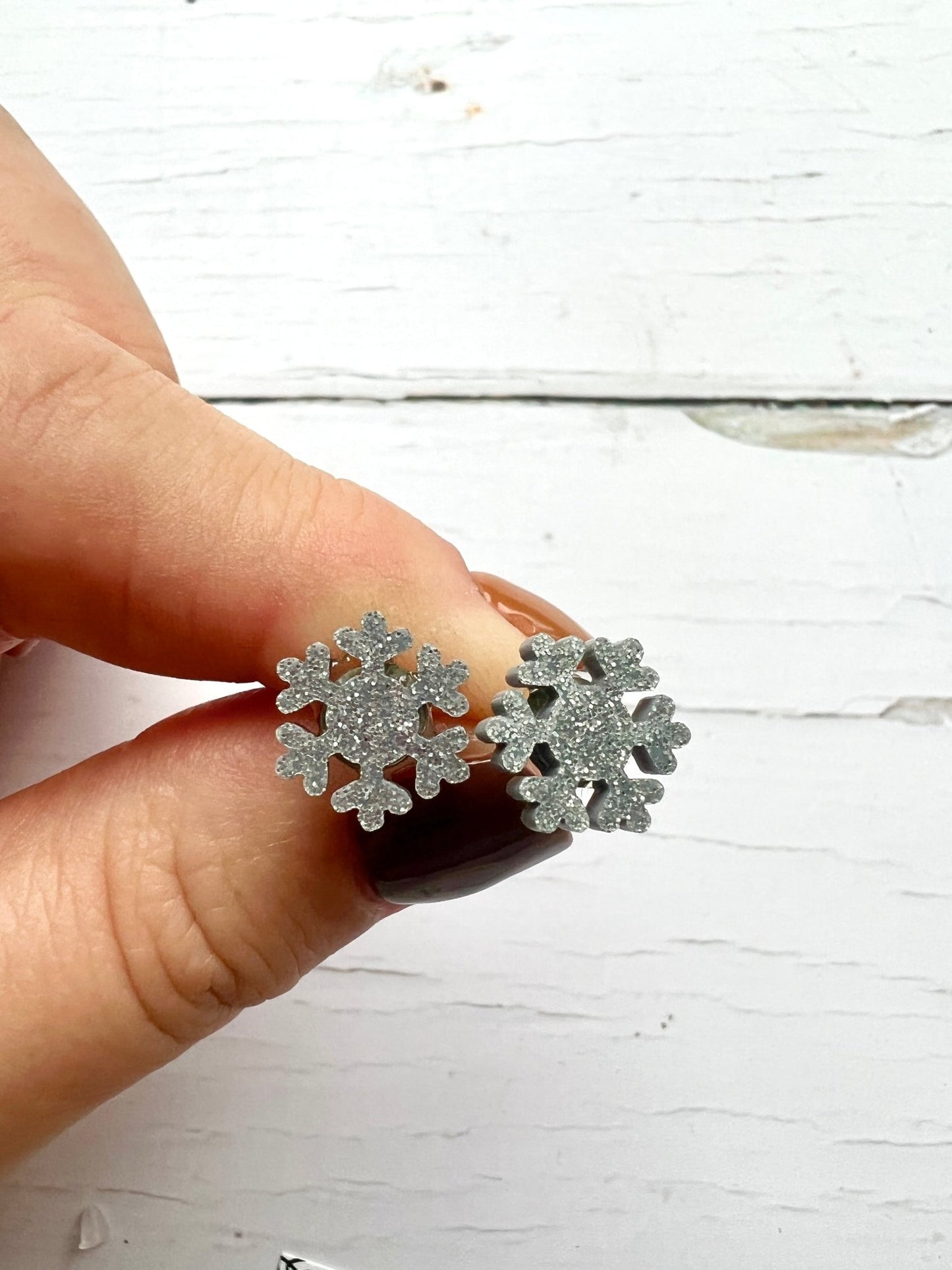 silver glitter snowflake stud earrings—festive, lightweight, and perfect for Christmas party sparkle