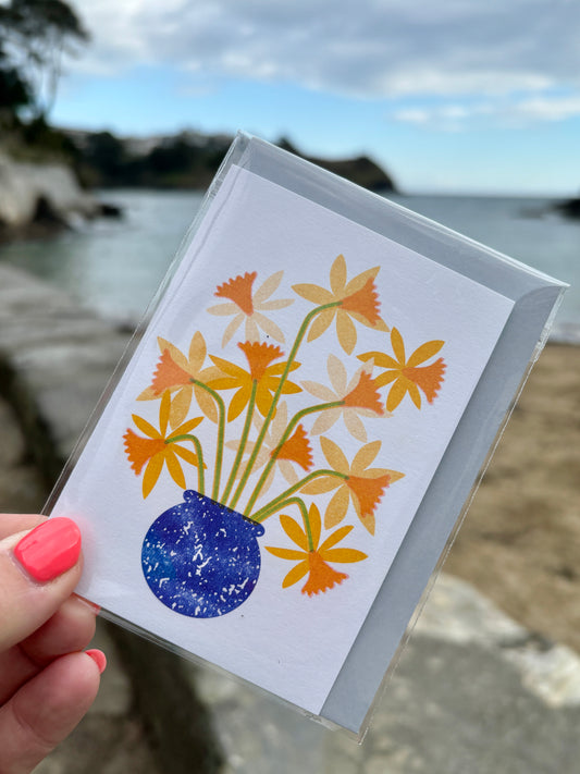 mini greetings card with daffodils in blue vase—vibrant spring floral design for thoughtful coastal-inspired notes
