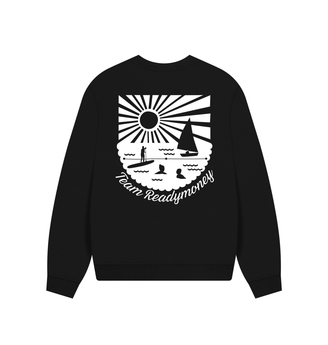 black oversized ladies sweatshirt with beach scene graphic—Team Readymoney coastal style for outdoor lovers