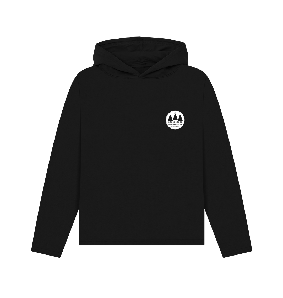black pullover women’s hoodie with minimalist mountain logo—cozy, eco-friendly style for outdoor adventures