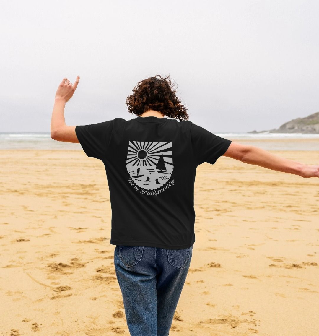 team Readymoney staff t-shirt beach lifestyle black tee sun scene back print beach shop workwear Cornwall coastal casual
