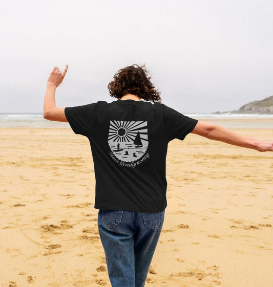team Readymoney staff t-shirt beach lifestyle black tee sun scene back print beach shop workwear Cornwall coastal casual