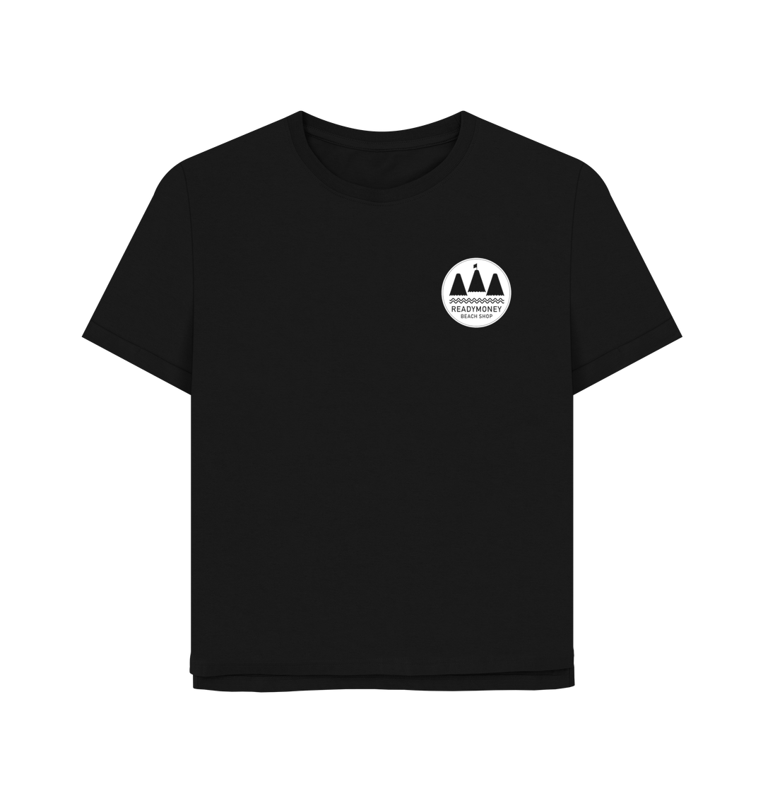 black women’s relaxed fit tee with Readymoney Beach Shop logo—minimalist coastal style for everyday wear