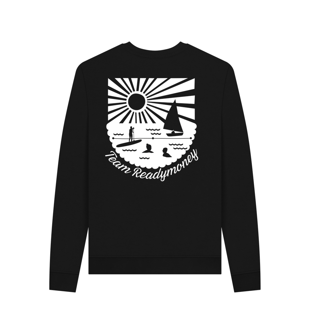 women’s black crewneck sweater with Team Readymoney beach graphic—laid-back coastal vibe for cool-weather adventures