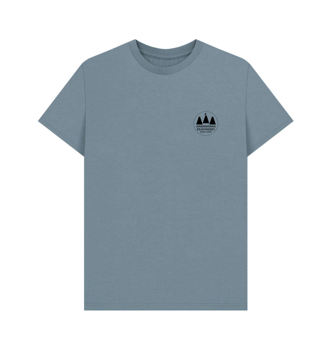 stone blue men’s tee with “Mountain Adventure” chest print—clean, nature-inspired design for hikers, explorers, and outdoor enthusiast