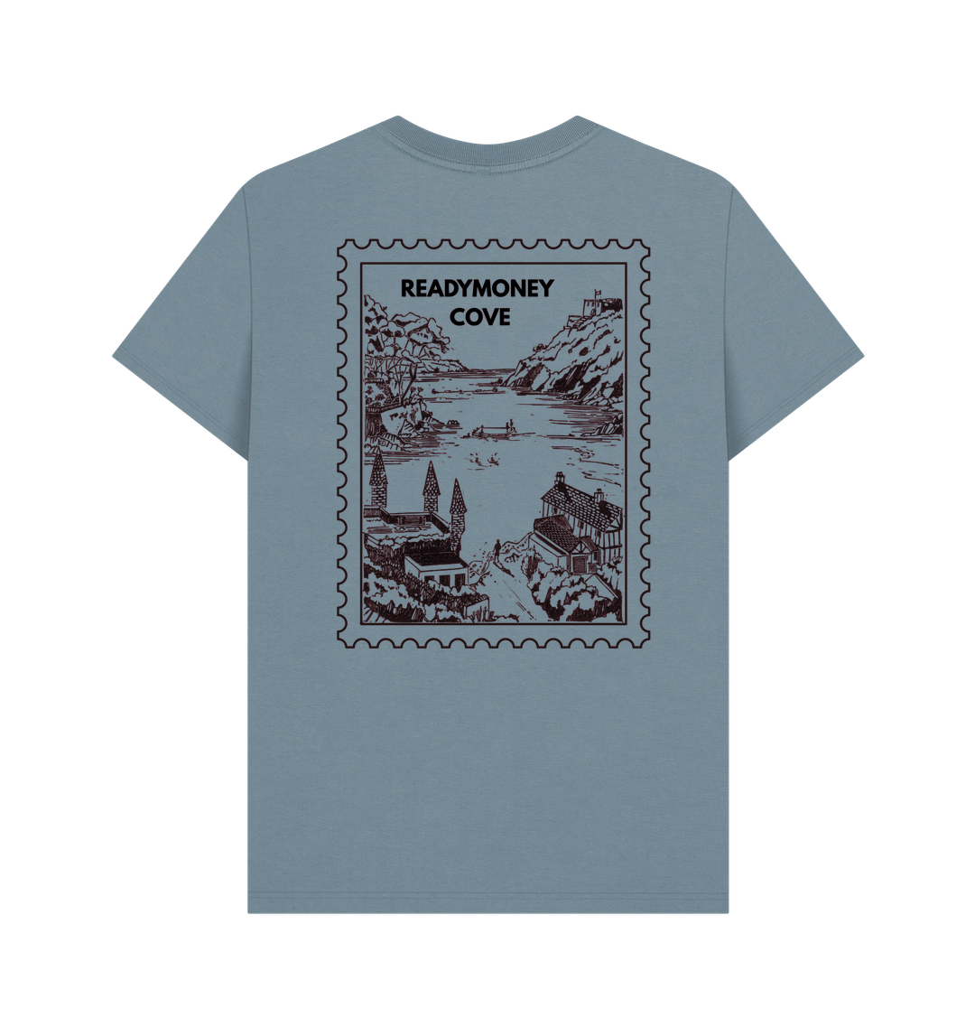 stone blue men’s tee with Readymoney Cove stamp graphic—retro coastal scene for travel lovers and laid-back seaside style