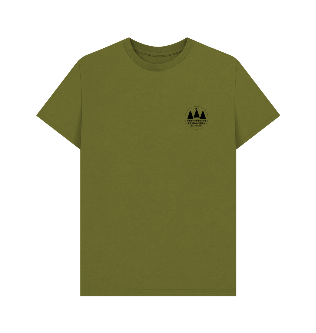 moss green men’s tee with “Adventure Begins” chest logo—subtle outdoor graphic for nature lovers and casual hiking style