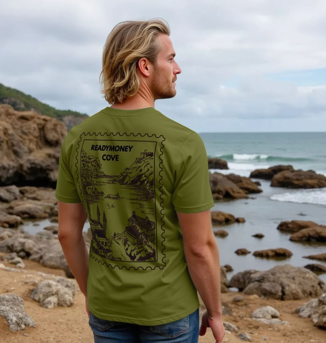 green men’s tee with Readymoney Cove stamp back print—retro coastal artwork styled for beachwear, travel, and relaxed outdoor vibes