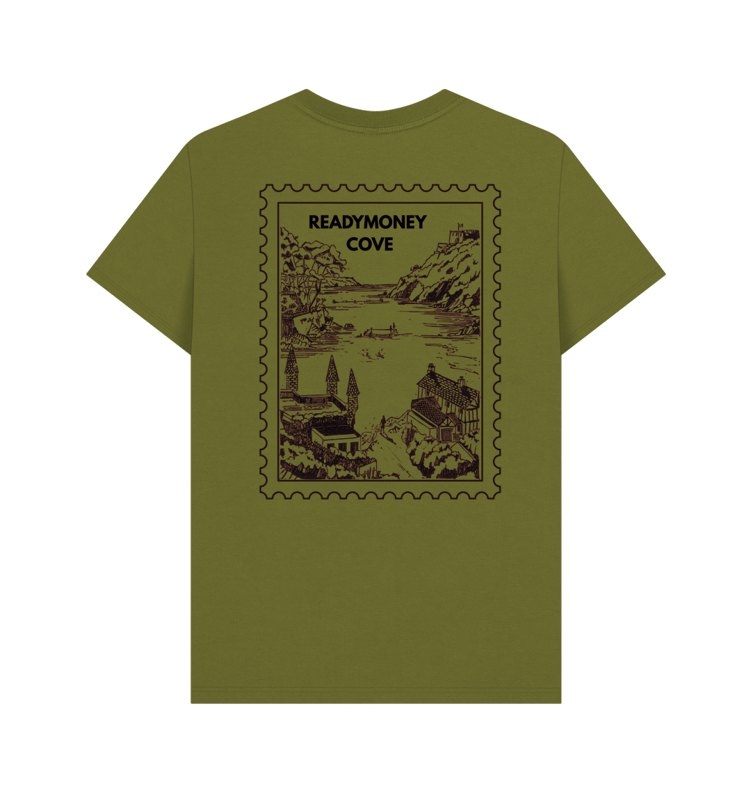 moss green men’s tee with Readymoney Cove stamp-style back print—vintage coastal design for travel and nature-inspired fashion
