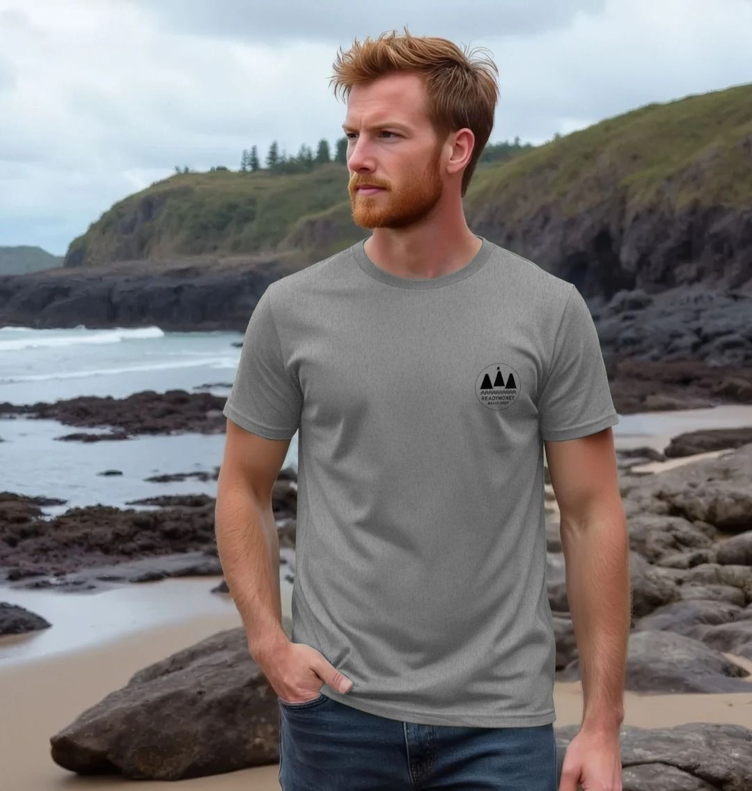 grey men’s tee with Readymoney Cove stamp back print—classic coastal artwork styled for beachwear, travel, and relaxed outdoor style