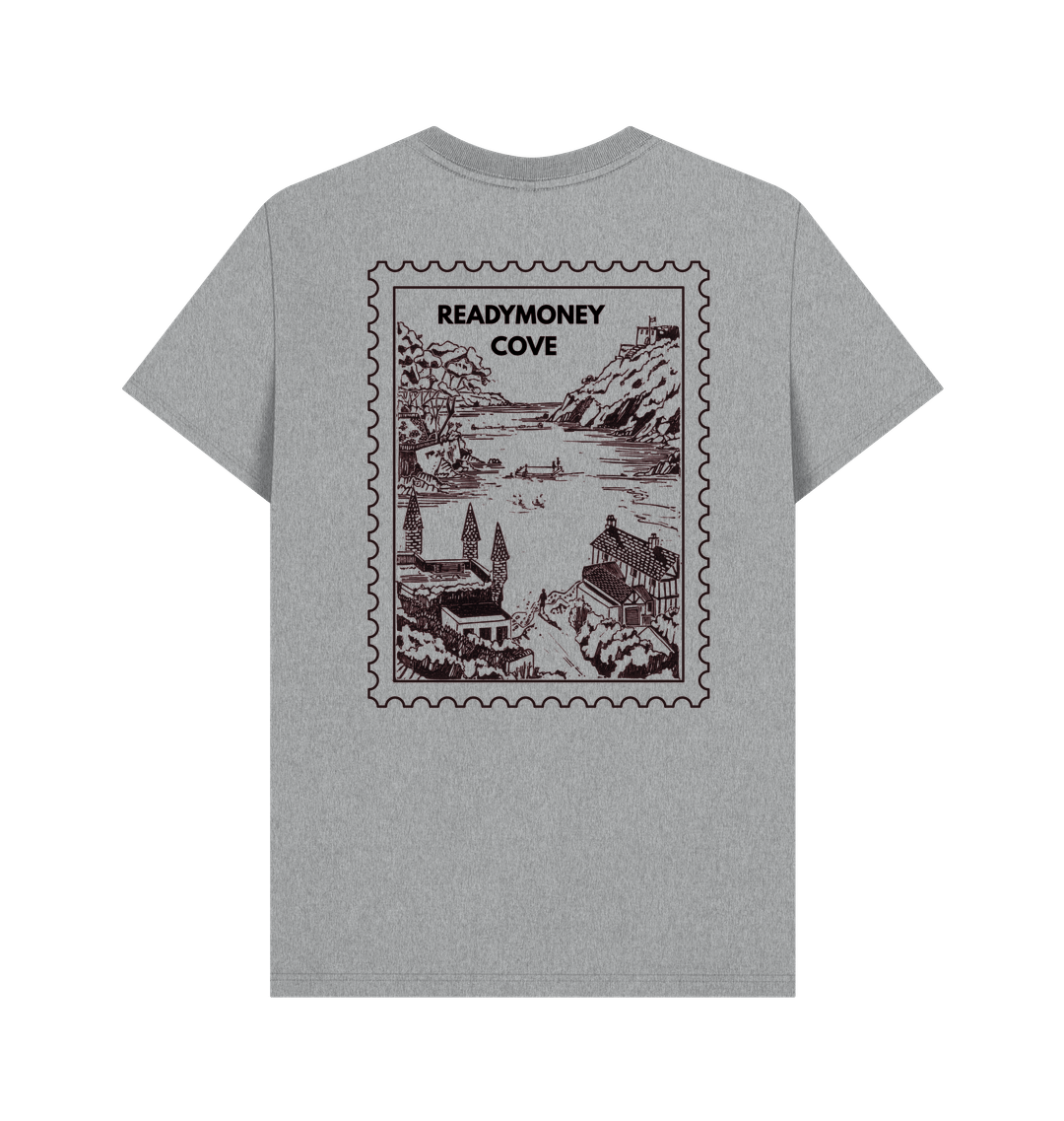 athletic grey men’s tee with Readymoney Cove stamp-style back graphic—retro coastal print for travel lovers and laid-back seaside fashion