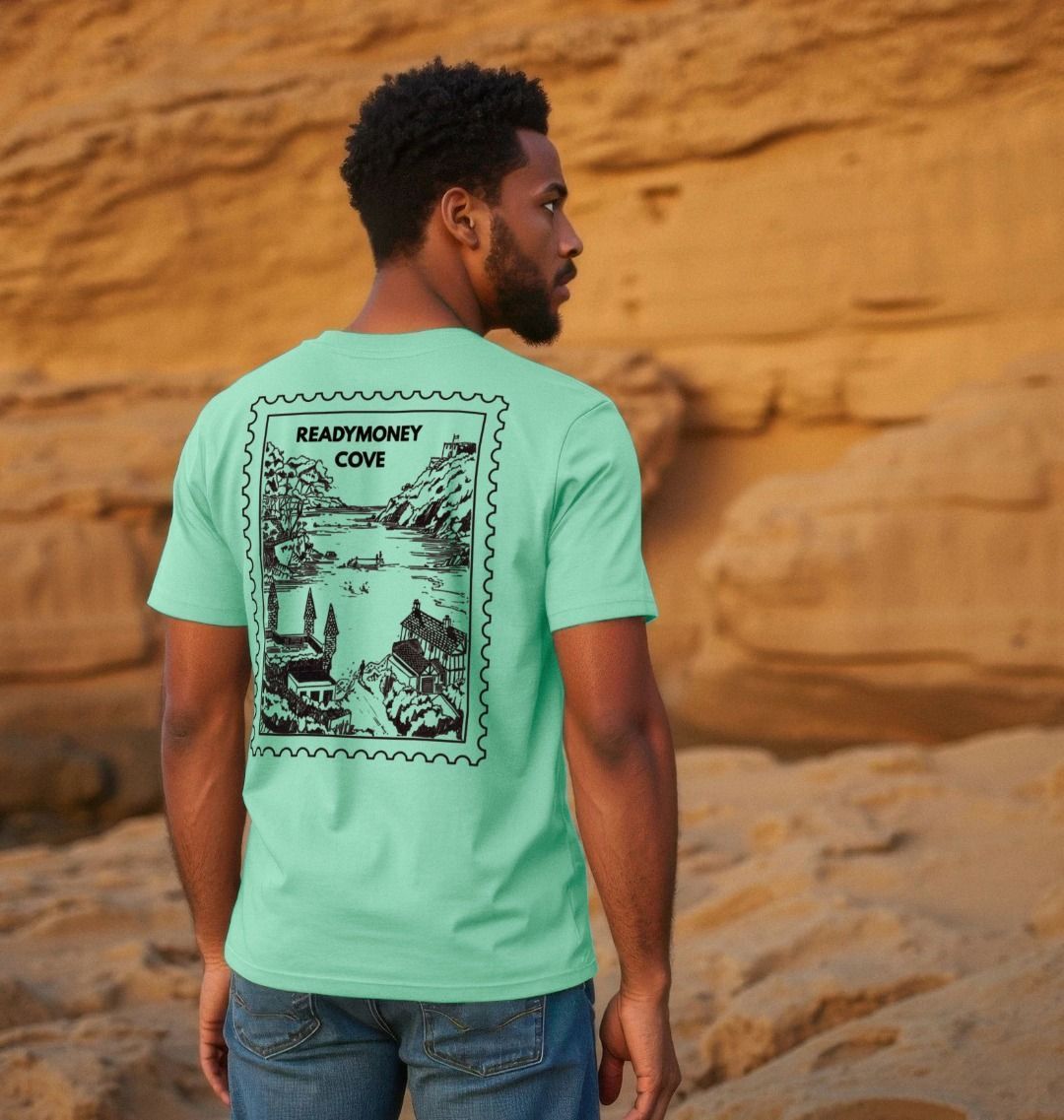 peppermint men’s tee with Readymoney Cove stamp back print—vintage coastal scene styled for travel, beachwear, and outdoor life