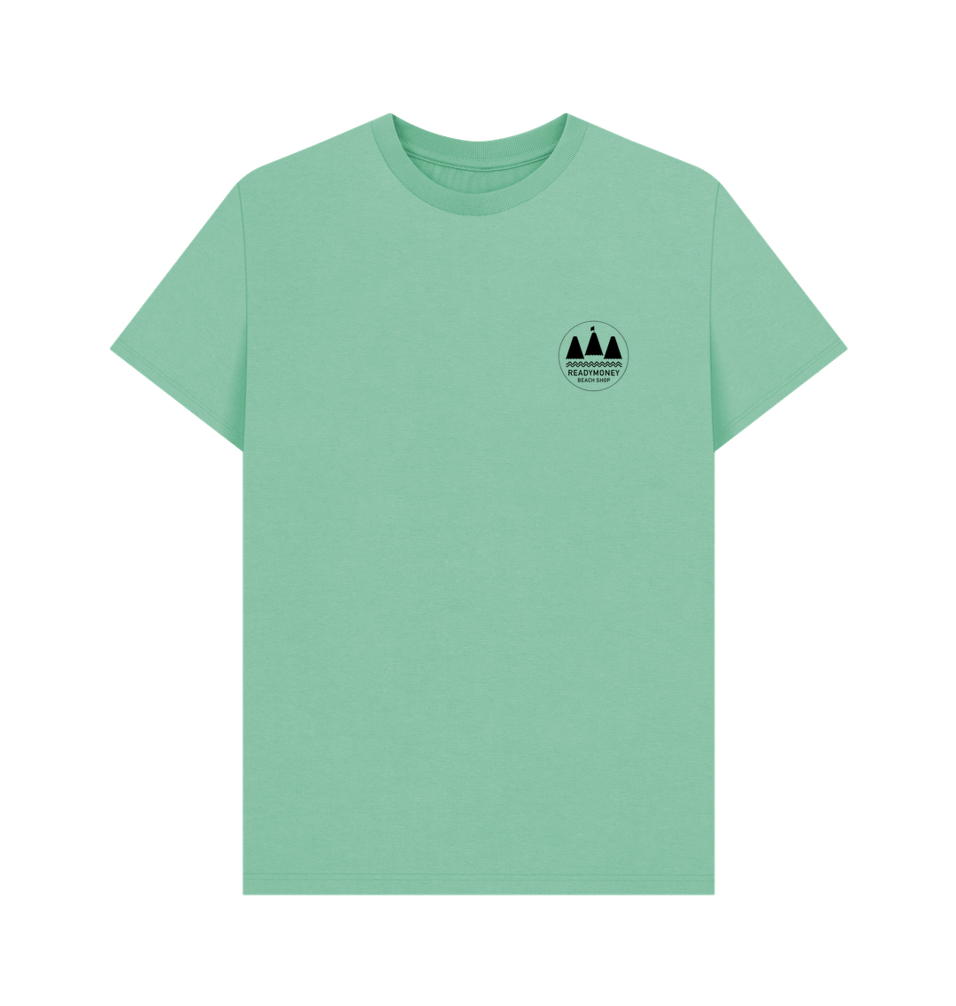 peppermint green men’s tee with “Adventure Awaits” chest print—minimalist, nature-inspired style for outdoor and travel lovers