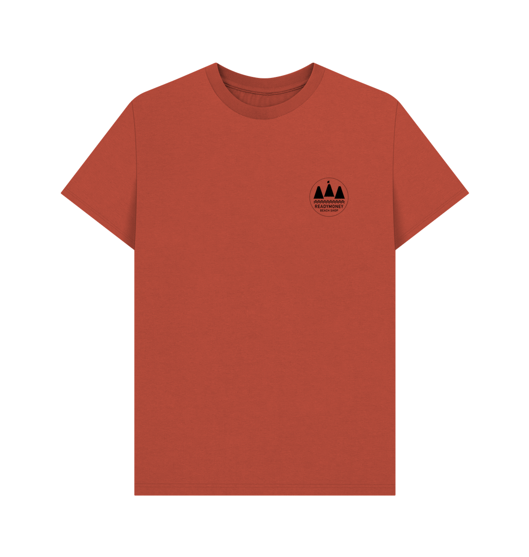rust men’s t-shirt with small “Adventure Outdoors” chest graphic—minimalist, nature-themed style for hiking and travel enthusiasts