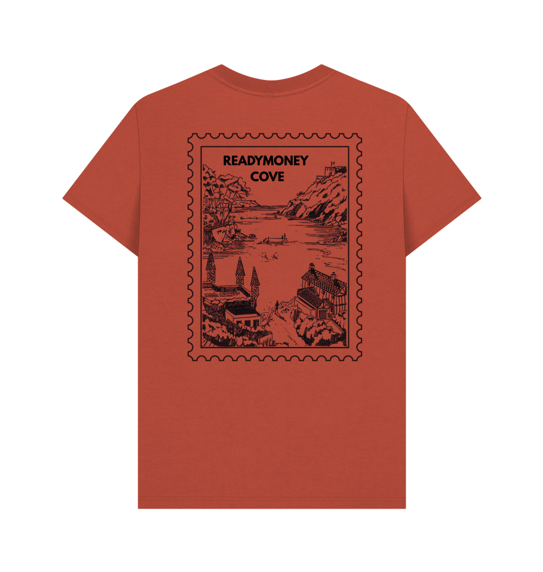 rust-colored men’s tee with vintage stamp-style coastal print—retro travel vibe for seaside lovers and casual streetwear fans
