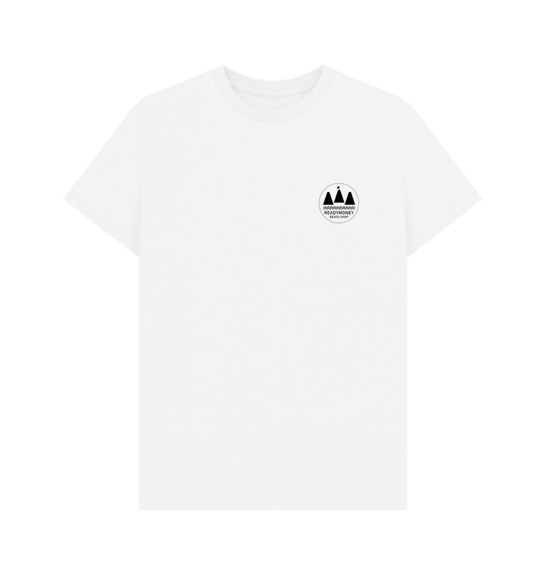 white men’s tee with “The Mountains Are Calling” chest logo—minimalist outdoor style for nature lovers and adventure seekers