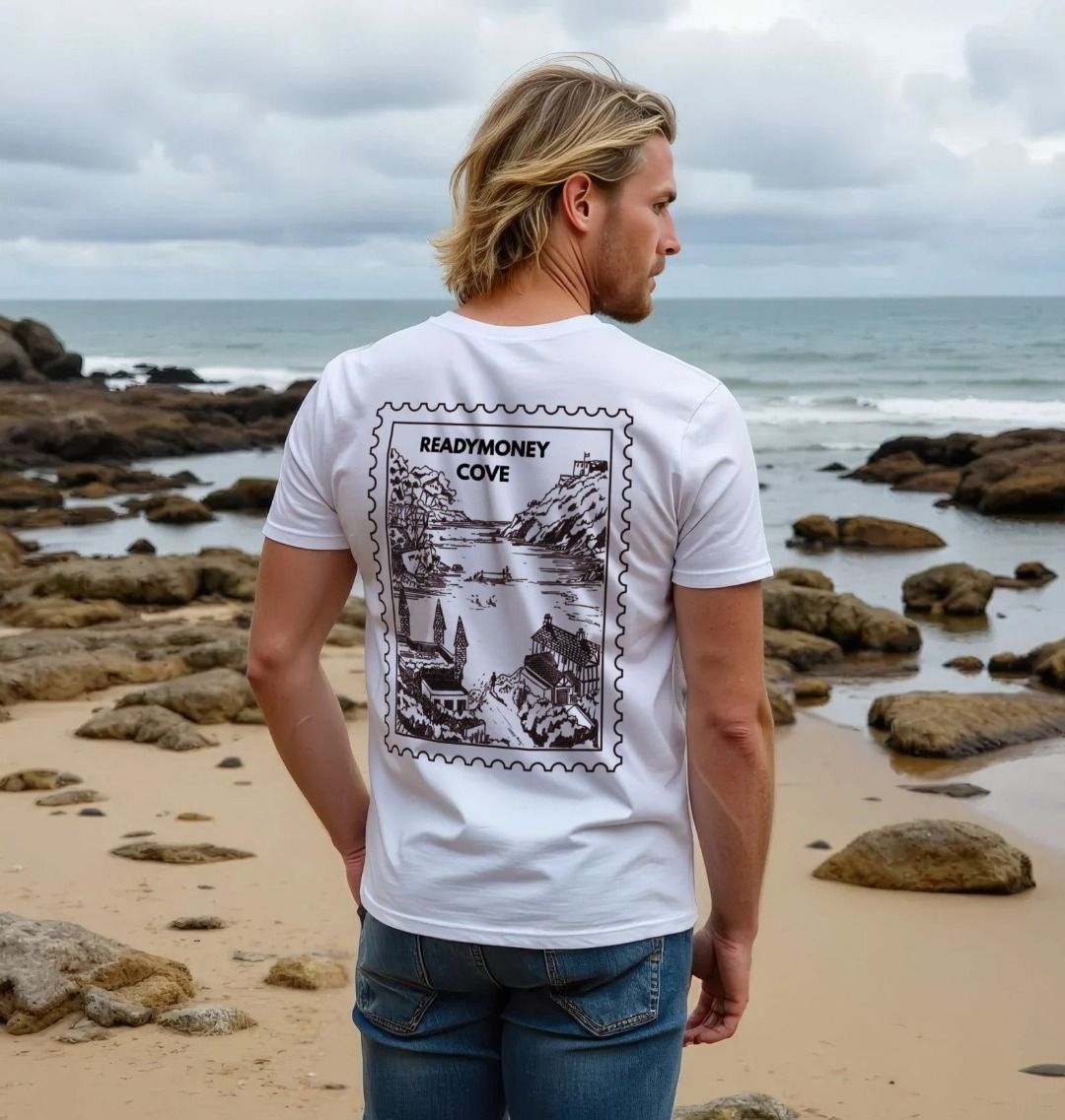 white men’s tee with Readymoney Cove stamp back print—coastal travel graphic styled for beach days, adventure, and casual wear