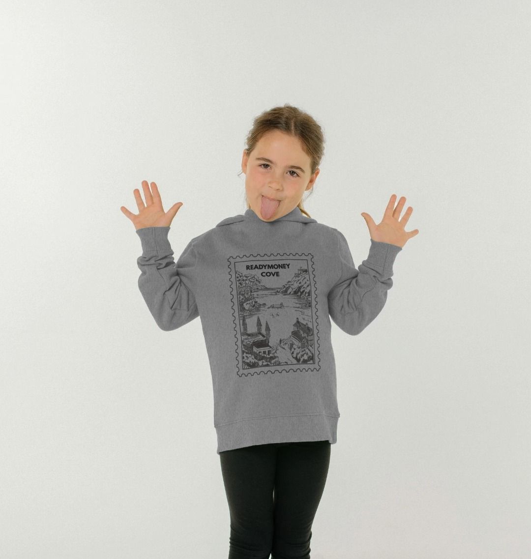 athletic grey kids hoodie – Readymoney Cove stamp pullover, cozy coastal sweatshirt for playful days and big imaginations